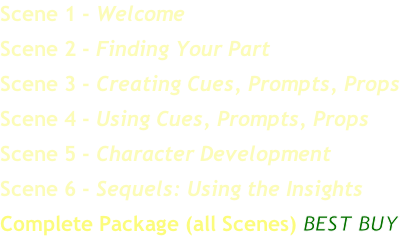 Scene 1 - Welcome
Scene 2 - Finding Your Part
Scene 3 - Creating Cues, Prompts, Props
Scene 4 - Using Cues, Prompts, Props
Scene 5 - Character Development
Scene 6 - Sequels: Using the Insights
Complete Package (all Scenes) BEST BUY
